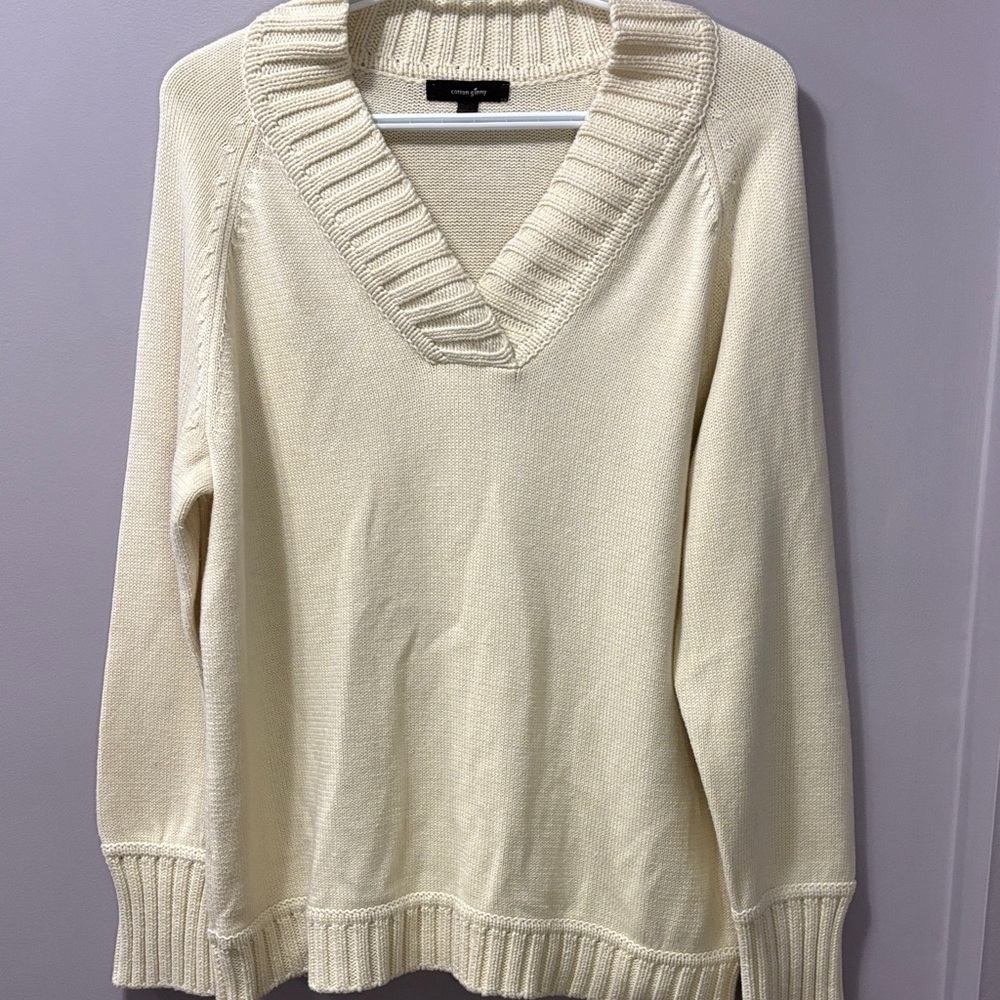 Vintage Cotton Ginny Cream Chunky Ribbed V Neck Knit Sweater | Cottagecore Boho